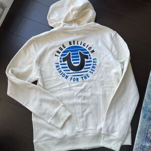 NEW True Religion White and Blue Graphic Zip Up Sweatshirt